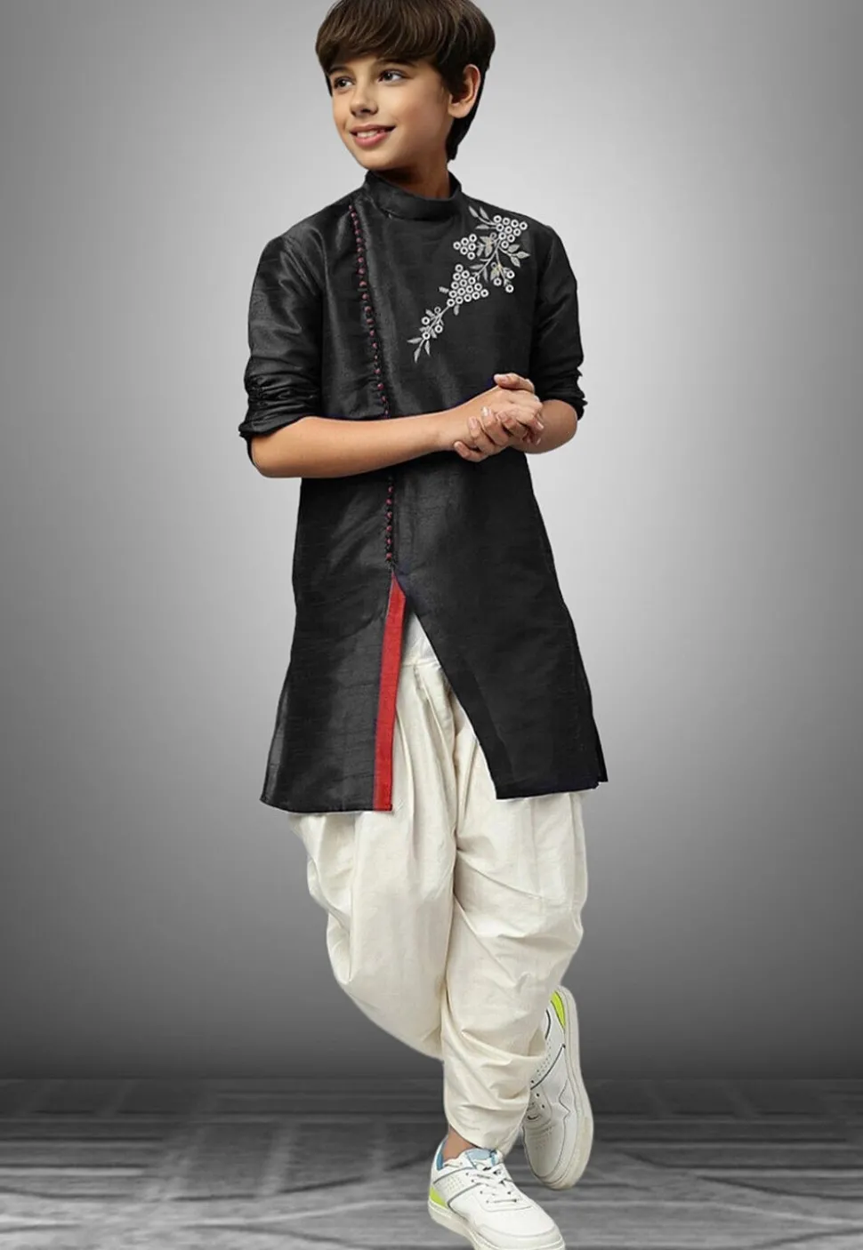 Embroidered Dupion Silk Kurta Set in Black