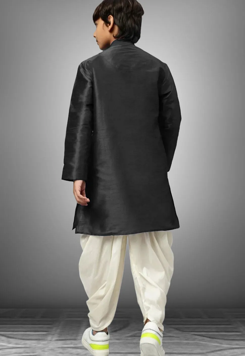 Embroidered Dupion Silk Kurta Set in Black