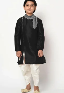 Embroidered Dupion Silk Kurta Set in Black