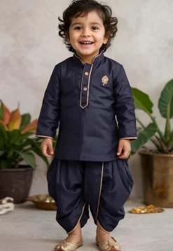 Embroidered Dupion Silk Kurta Set in Navy Blue