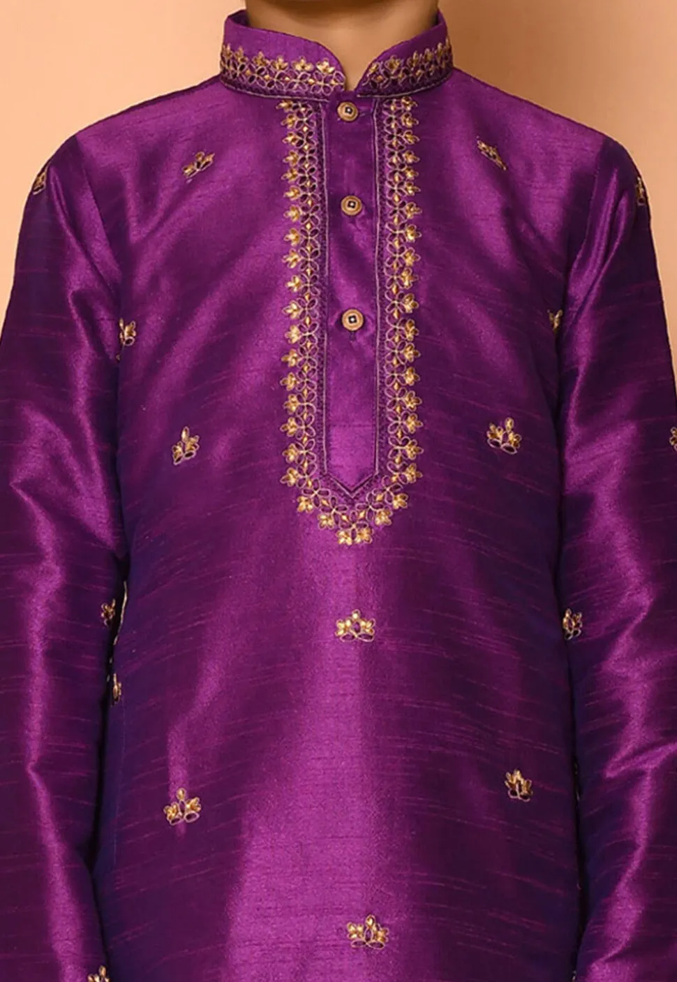 Embroidered Dupion Silk Kurta Set in Purple