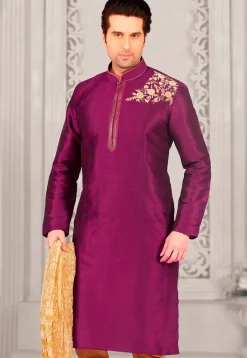 Embroidered Dupion Silk Kurta in Violet