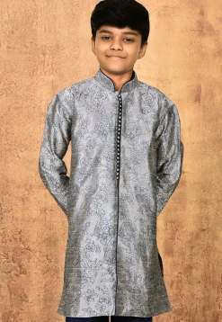 Embroidered Dupion Silk Kurta in Grey