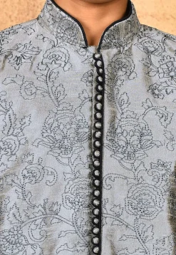 Embroidered Dupion Silk Kurta in Grey