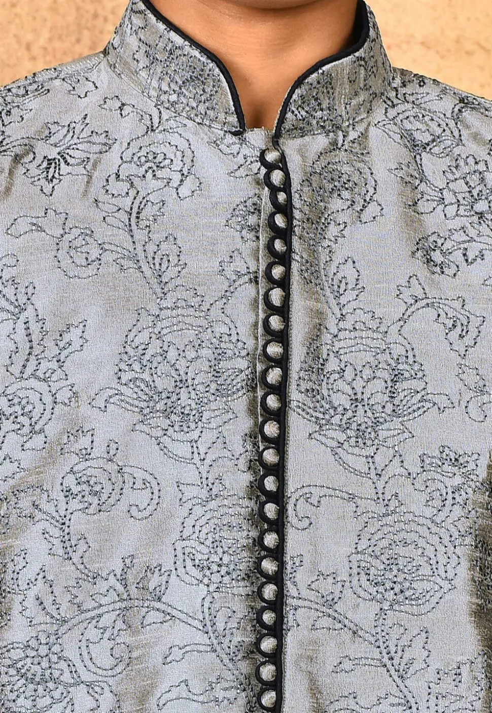 Embroidered Dupion Silk Kurta in Grey