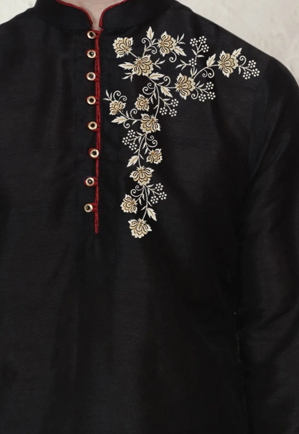 Embroidered Dupion Silk Kurta in Black