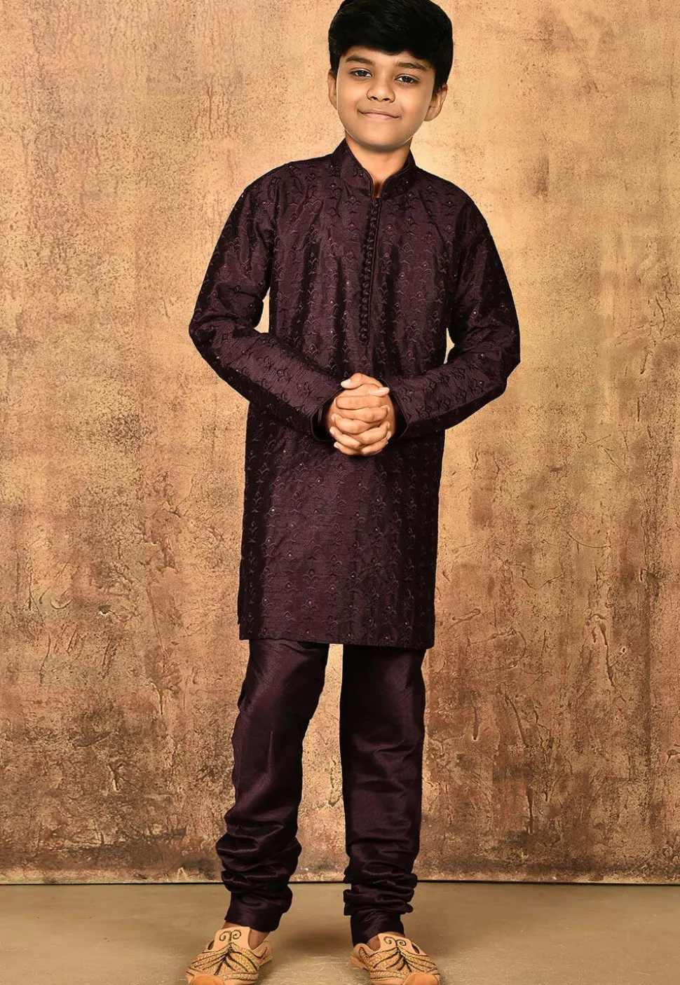 Embroidered Dupion Silk Kurta Set in Wine