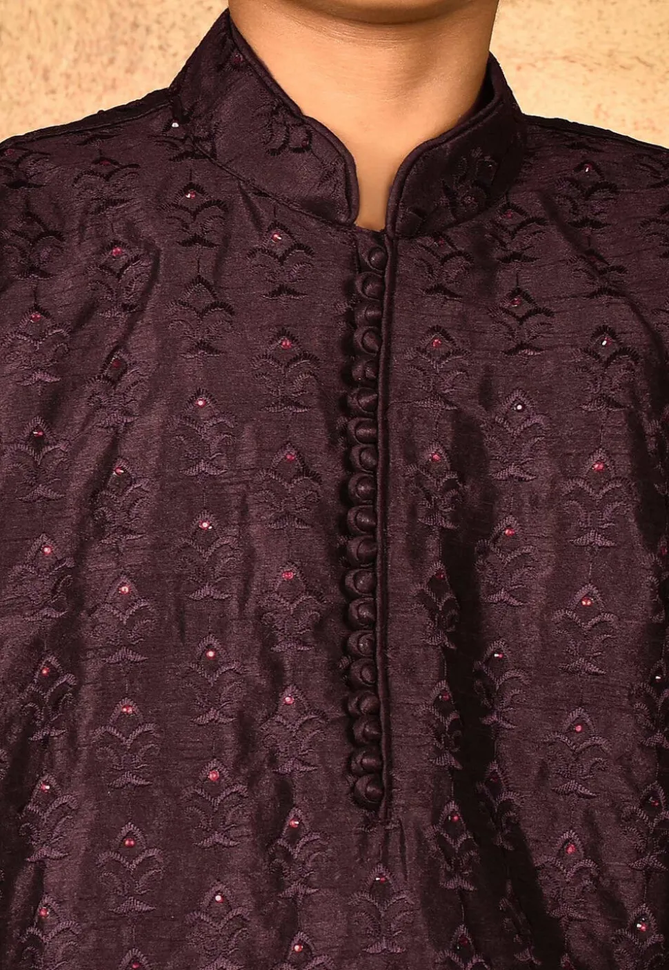 Embroidered Dupion Silk Kurta Set in Wine