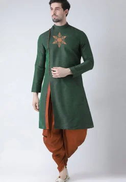 Embroidered Dupion Silk Kurta Set in Dark Green