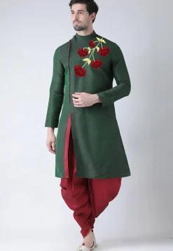 Embroidered Dupion Silk Kurta Set in Dark Green