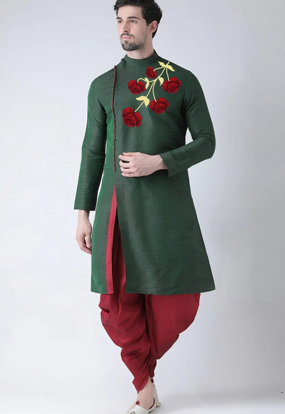 Embroidered Dupion Silk Kurta Set in Dark Green