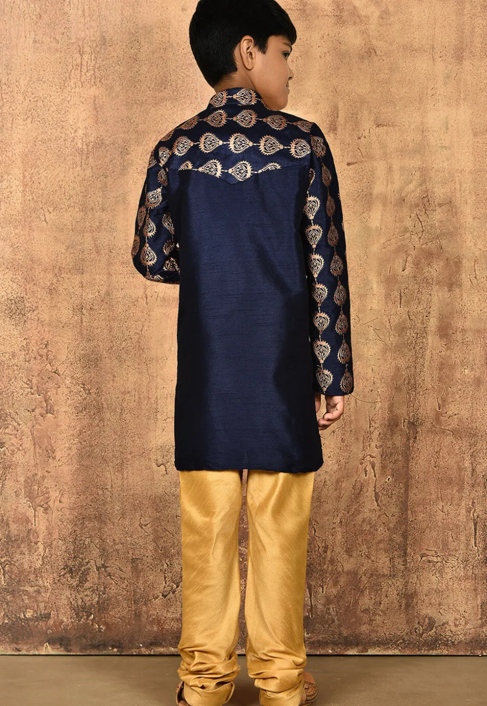 Embroidered Dupion Silk Kurta Set in Navy Blue