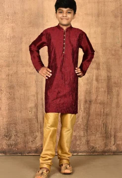 Embroidered Dupion Silk Kurta in Maroon
