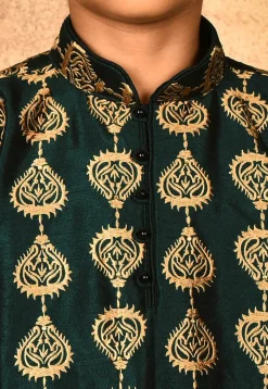 Embroidered Dupion Silk Kurta Set in Dark Green