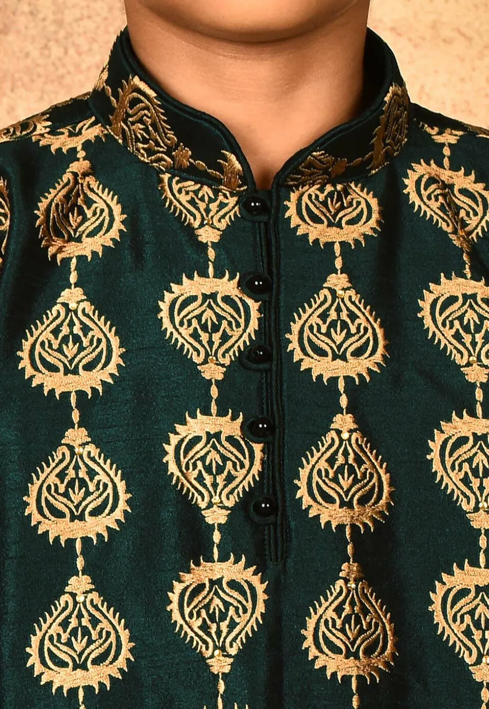 Embroidered Dupion Silk Kurta Set in Dark Green