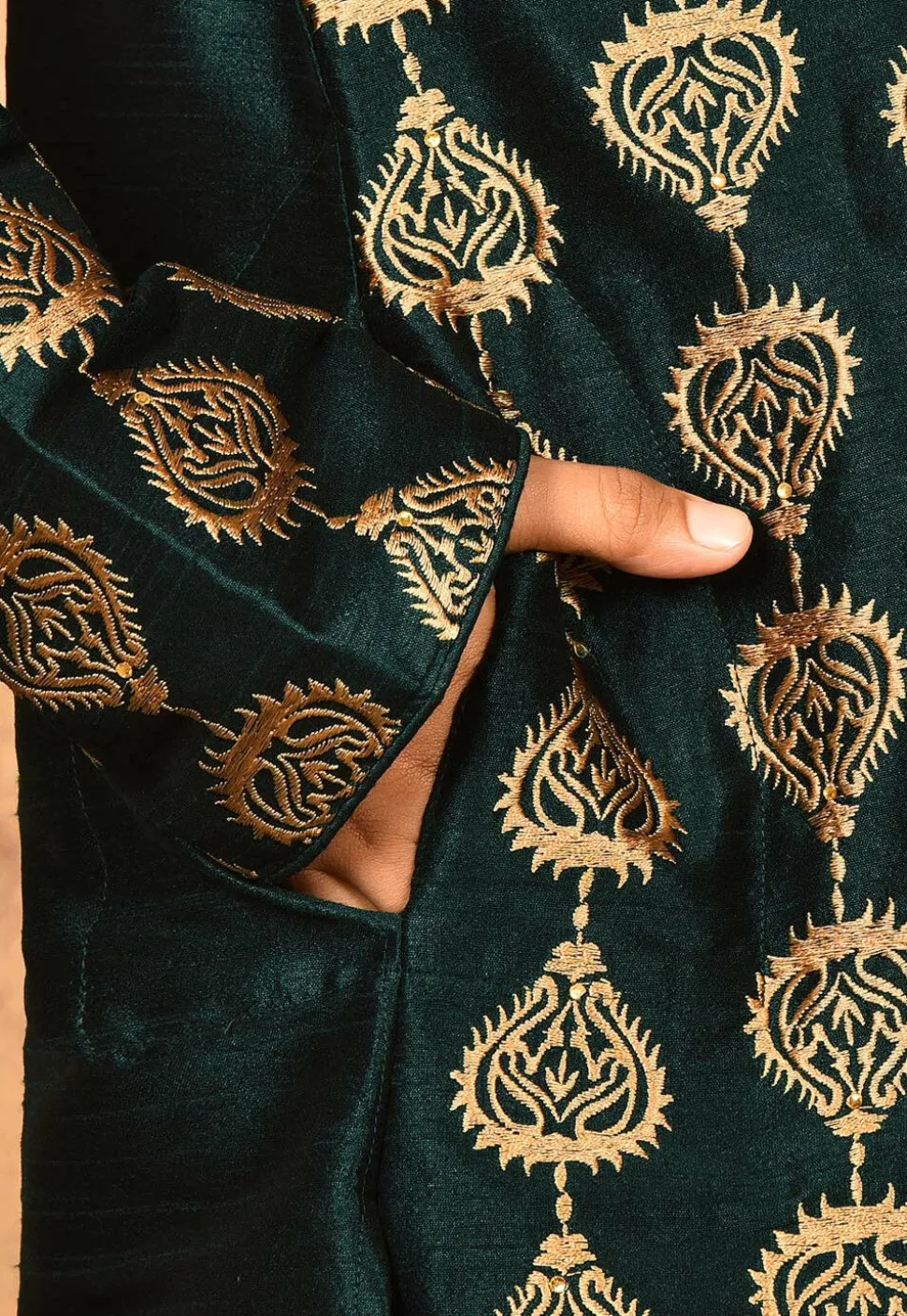 Embroidered Dupion Silk Kurta Set in Dark Green