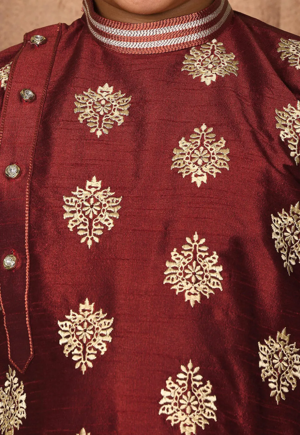 Embroidered Dupion Silk Kurta Set in Maroon