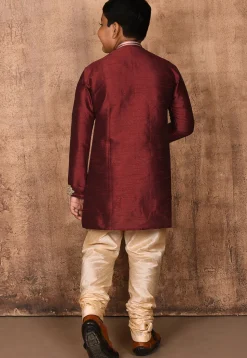 Embroidered Dupion Silk Kurta Set in Maroon