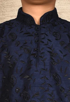 Embroidered Dupion Silk Kurta in Navy Blue