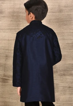 Embroidered Dupion Silk Kurta in Navy Blue
