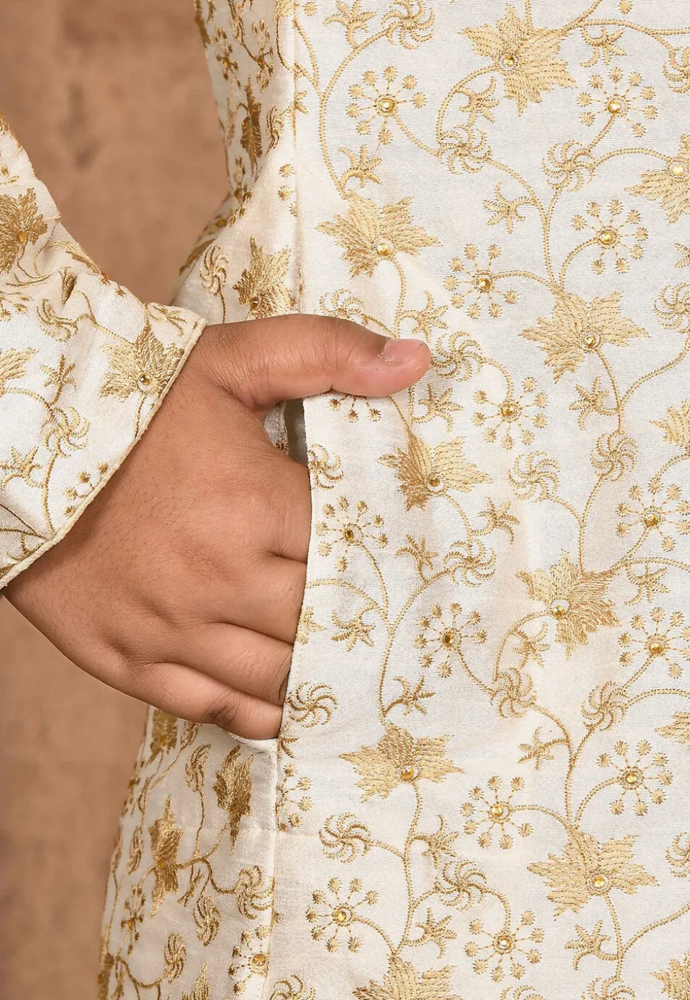 Embroidered Dupion Silk Kurta in Cream