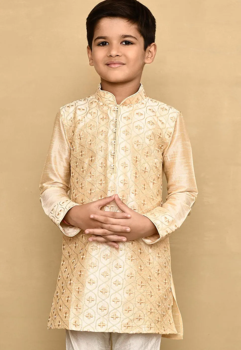 Embroidered Dupion Silk Kurta in Beige