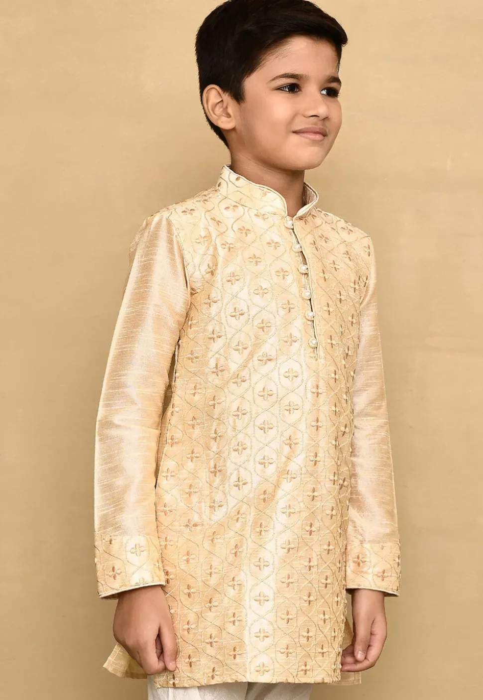 Embroidered Dupion Silk Kurta in Beige