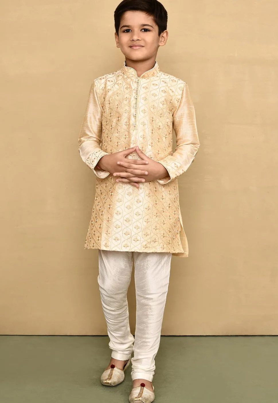 Embroidered Dupion Silk Kurta in Beige