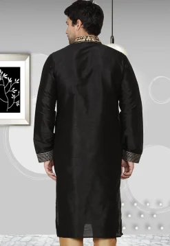 Embroidered Dupion Silk Kurta in Black
