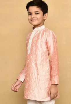 Embroidered Dupion Silk Kurta in Peach