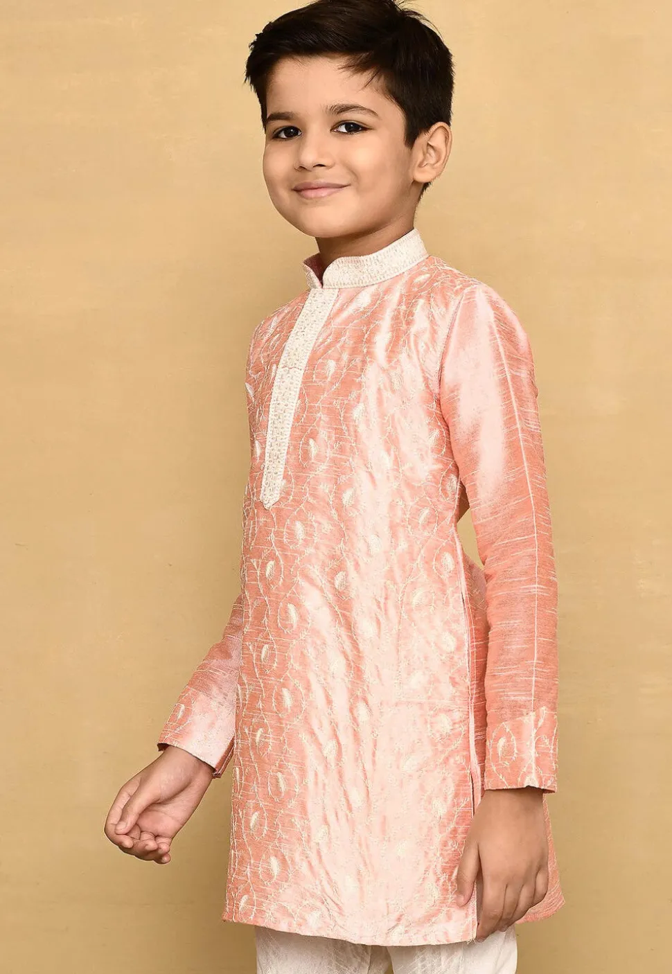 Embroidered Dupion Silk Kurta in Peach