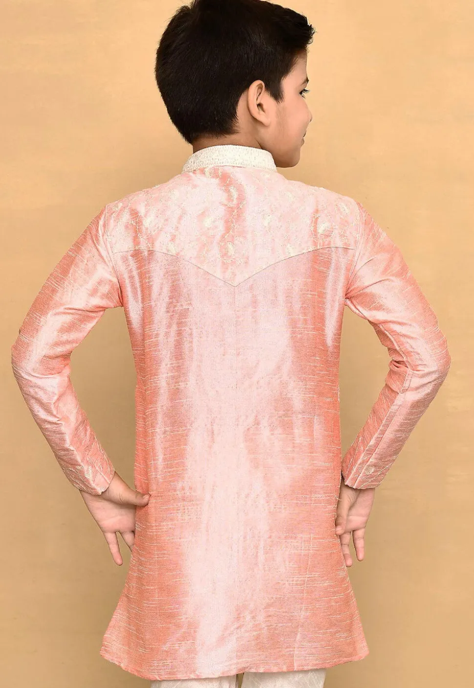 Embroidered Dupion Silk Kurta in Peach