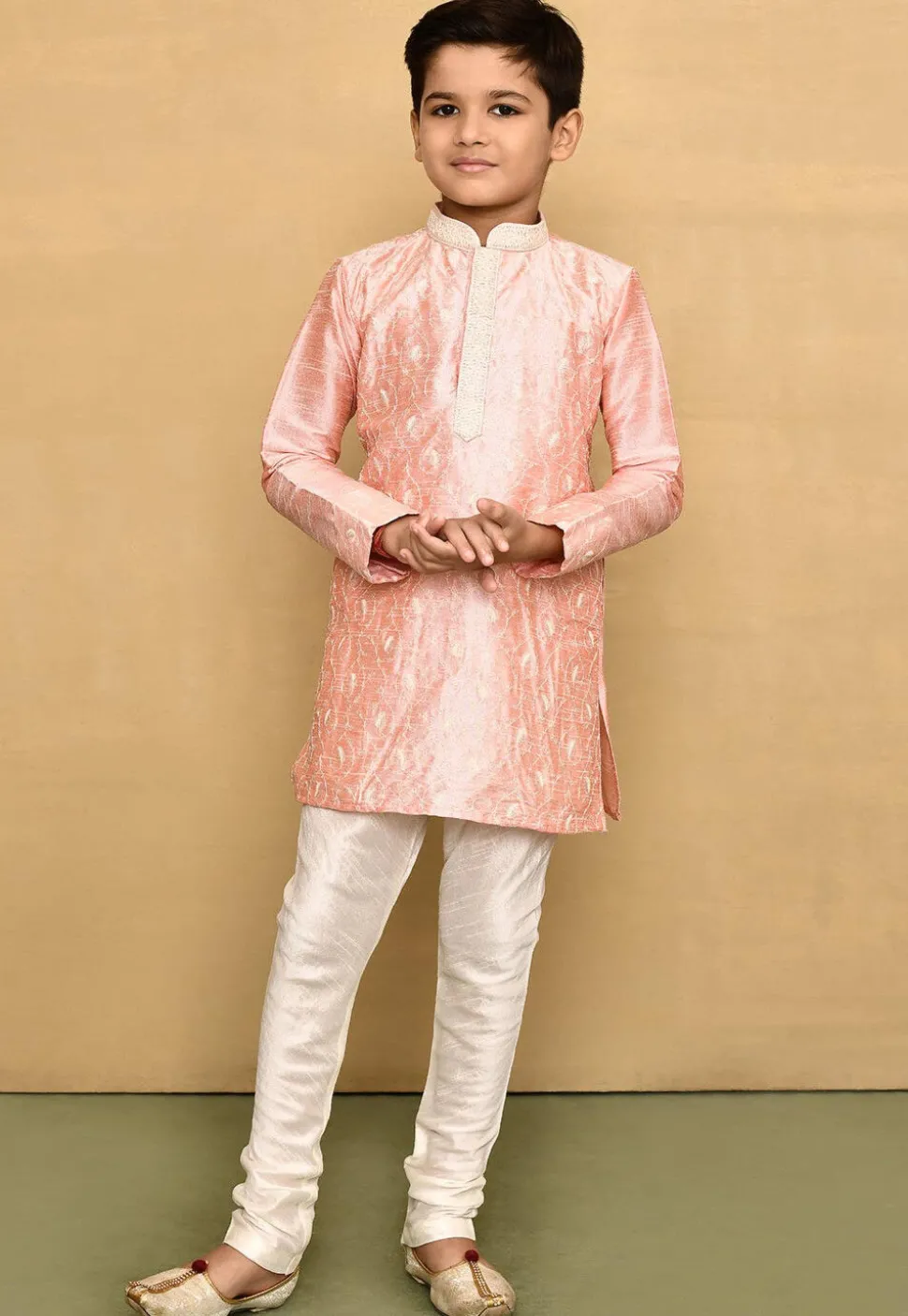 Embroidered Dupion Silk Kurta in Peach