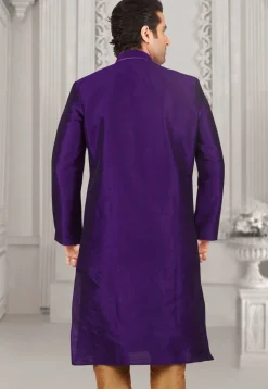 Embroidered Dupion Silk Kurta Set in Purple