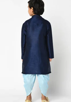 Embroidered Dupion Silk Kurta Dhoti Set in Navy Blue