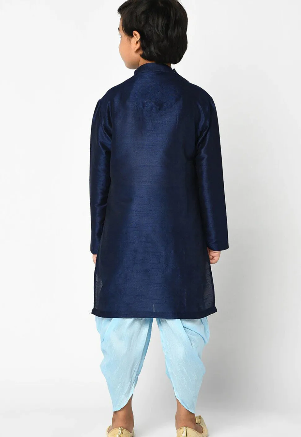 Embroidered Dupion Silk Kurta Dhoti Set in Navy Blue