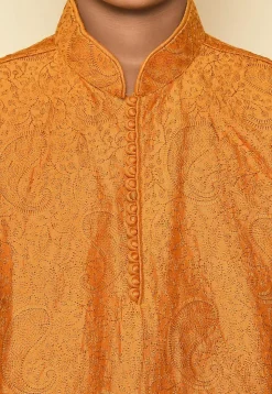 Embroidered Dupion Silk Kurta Set in Mustard
