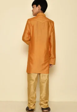 Embroidered Dupion Silk Kurta Set in Mustard