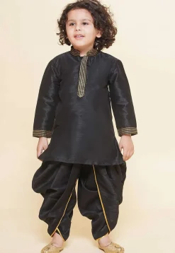 Embroidered Dupion Silk Kurta Set in Black