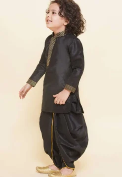 Embroidered Dupion Silk Kurta Set in Black