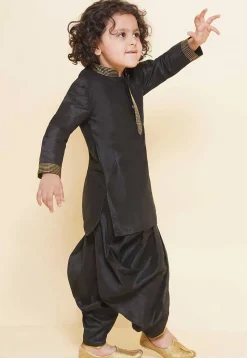 Embroidered Dupion Silk Kurta Set in Black
