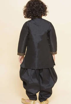 Embroidered Dupion Silk Kurta Set in Black