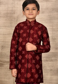 Embroidered Dupion Silk Kurta in Maroon