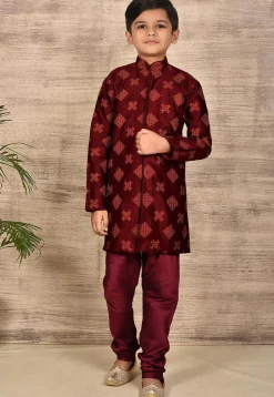 Embroidered Dupion Silk Kurta in Maroon