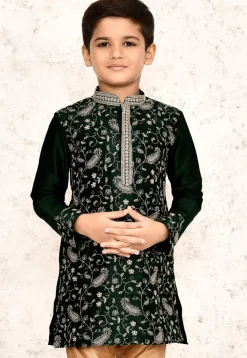 Embroidered Dupion Silk Kurta in Dark Green