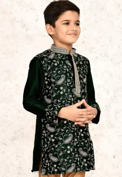 Embroidered Dupion Silk Kurta in Dark Green
