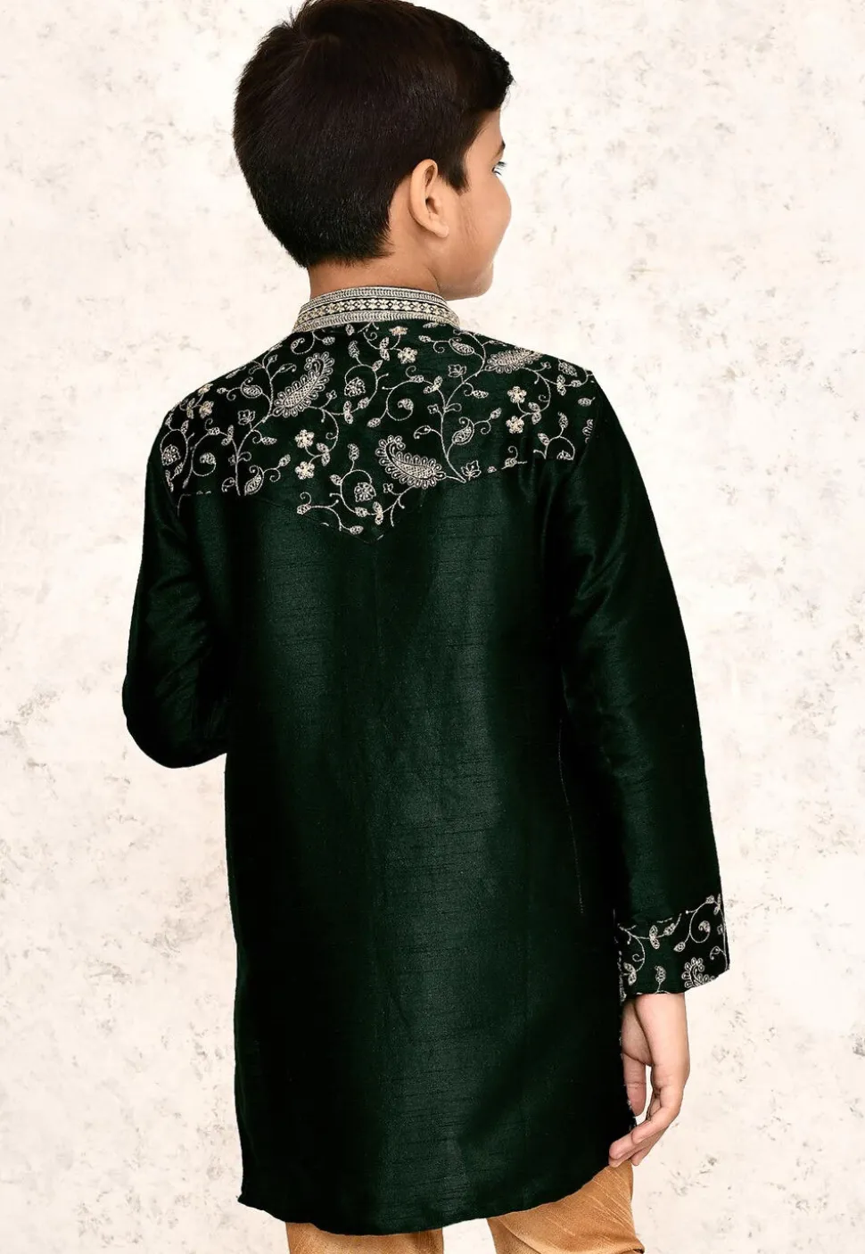 Embroidered Dupion Silk Kurta in Dark Green