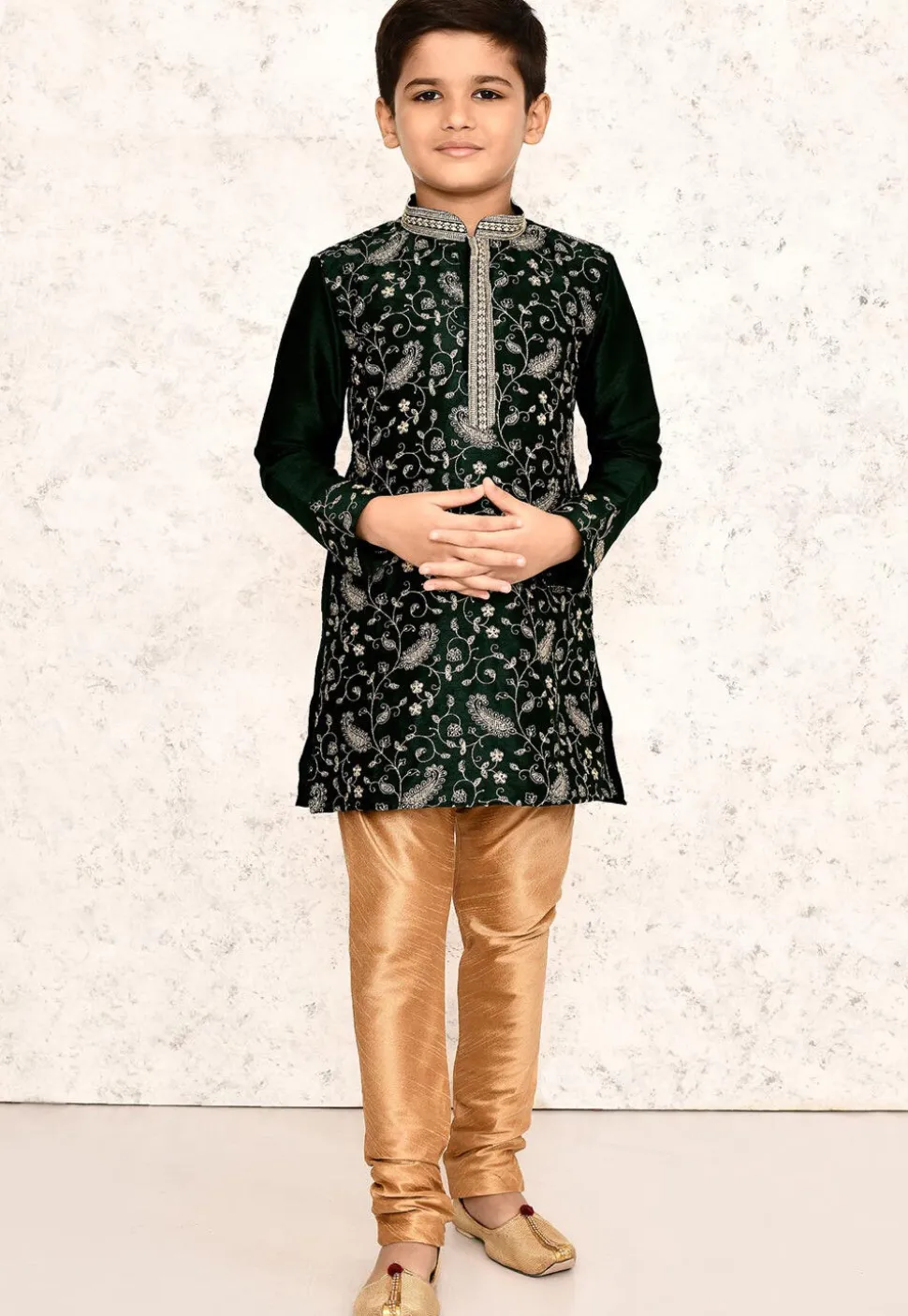 Embroidered Dupion Silk Kurta in Dark Green
