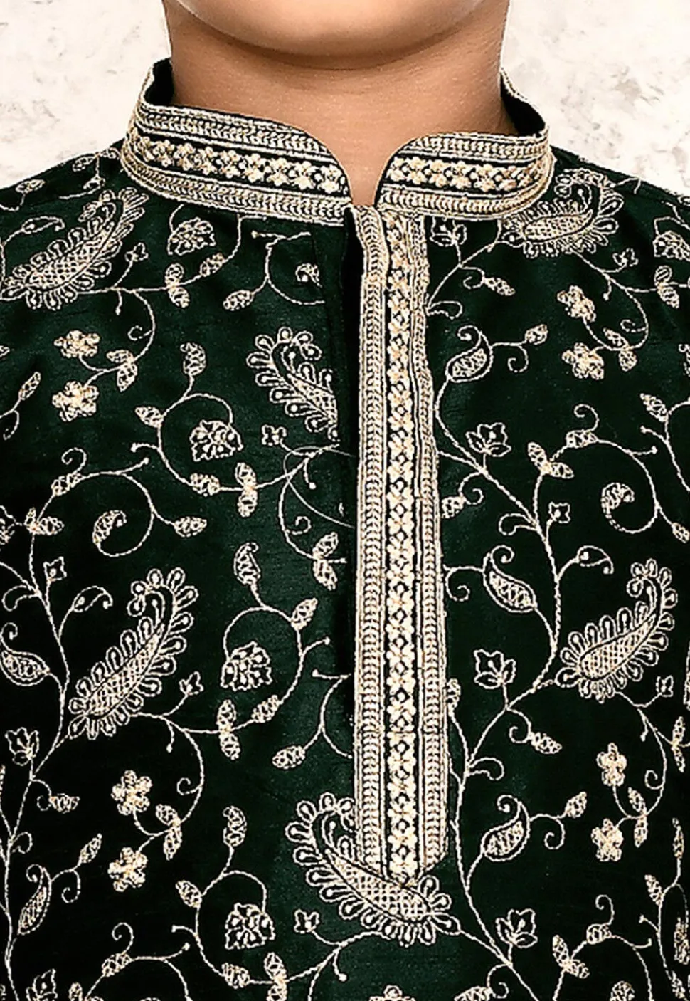 Embroidered Dupion Silk Kurta in Dark Green