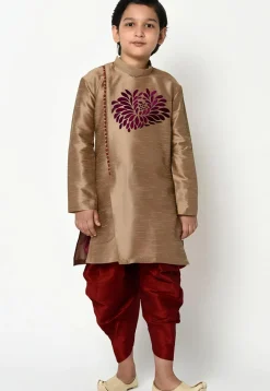 Embroidered Dupion Silk Kurta Set in Dark Beige